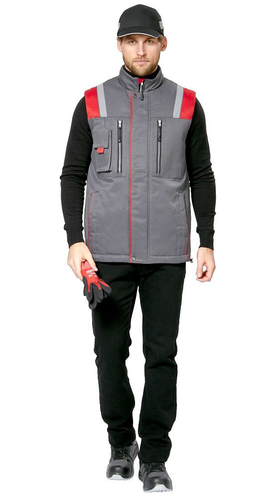 Жилет мужской утепленный рабочий Авангард серый-красный